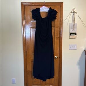 Xscape Blue Cocktail Gown with Puff Cap Sleeves